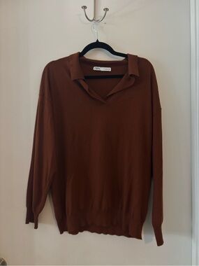Zara Rust Brown V-Neck Collared Sweater